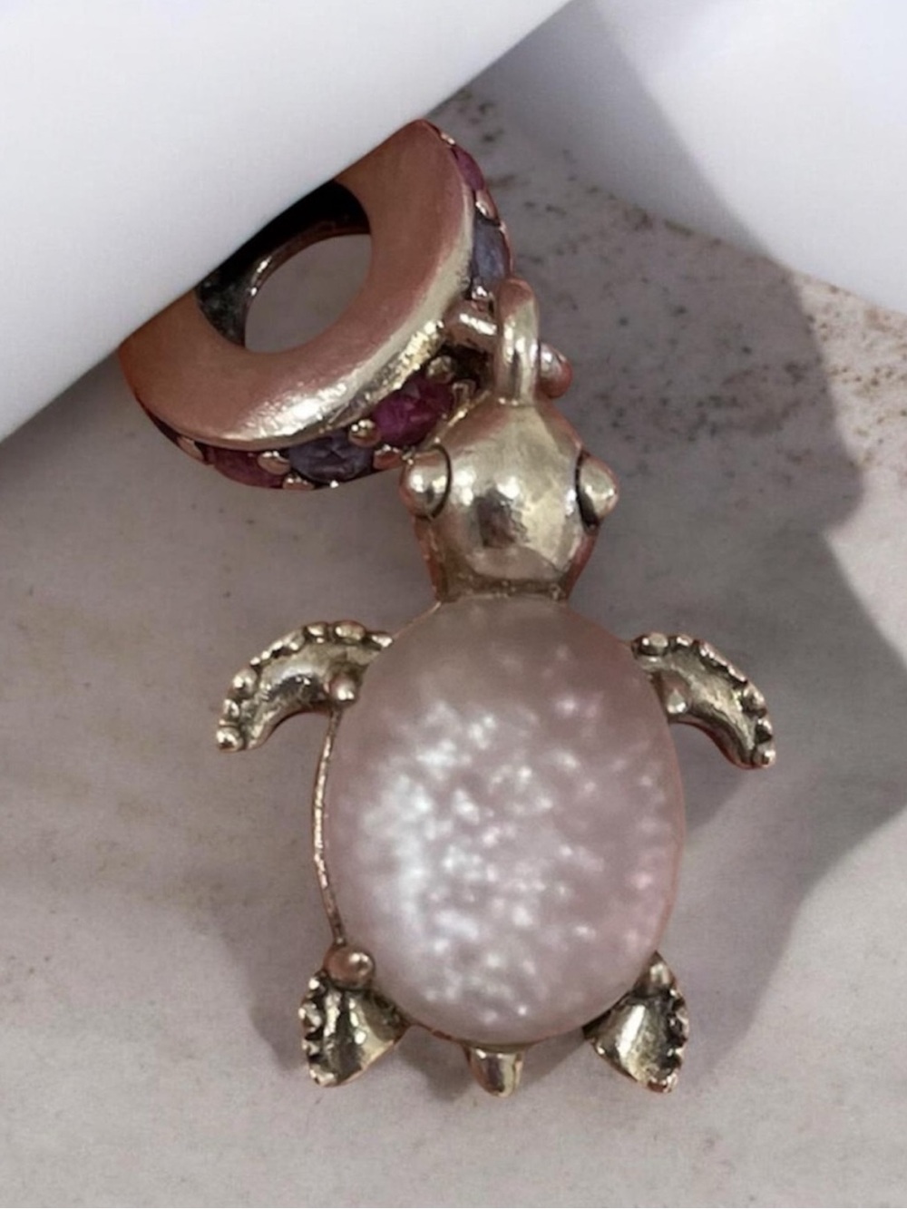 Pandora shimmering silver turtle charm with pink Murano glass